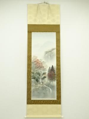 秀水筆　彩色秋景図　肉筆絹本掛軸（共箱）